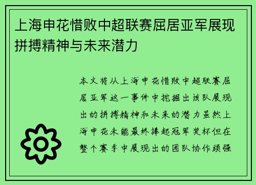 上海申花惜败中超联赛屈居亚军展现拼搏精神与未来潜力